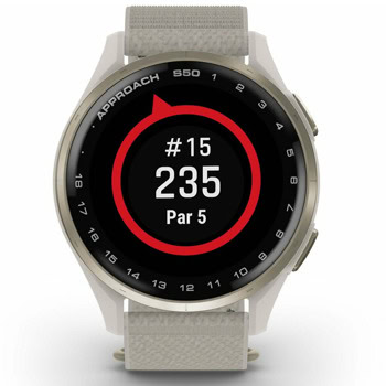 Смарт часовник Garmin Approach S50 Cream Gold, за голф, 1.2" (30.4mm) AMOLED дисплей, GPS, 4GB Flash памет, следене на съня, функции за голф, жироскоп, акселерометър, 5ATM, до 10 дни време на работа, Ivory ComfortFit Nylon каишка | JAR Computers Garmin Approach S50 Cream Gold Ivory 010-03010-01