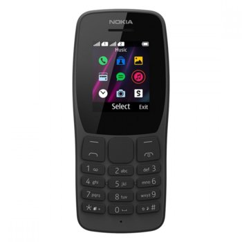 GSM Nokia 110 (черен), поддържа 2 sim карти, 1.77" (4.49 cm) QQVGA TFT дисплей, 4MB Flash памет (+microSDHC), QVGA камера, 75g image