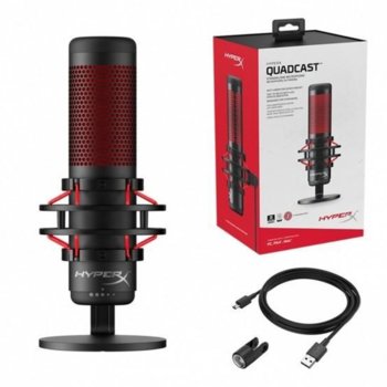 Микрофон HyperX QuadCast, настолен, 20Hz-20kHz, антивибрационен шоков монтаж USB, вътрешен поп филтър, черен | JAR Computers Настолен Микрофон HyperX QuadCast