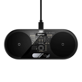 Безжично зарядно Baseus WXSX010101, от USB-C(ж) към 2x слота за безжично зареждане, 12V/2A, 20W, черно | JAR Computers Baseus WXSX010101