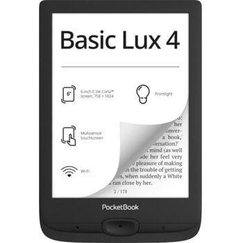 Електронна книга PocketBook Basic Lux 4, 6" (15.24cm) E-Ink Carta сензорен екран, Wi-Fi, двуядрен 1.0GHz процесор, MicroUSB, 512MB RAM, 8GB Flash памет (+microSD слот), черна | JAR Computers PocketBook Basic Lux 4 Black PB618-P-WW