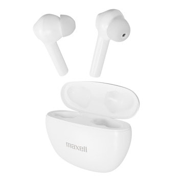 Слушалки Maxell Dynamic White, безжични, Bluetooth, микрофон, тип "тапи", до 12 часа време за работа, бели | JAR Computers Maxell Dynamic White
