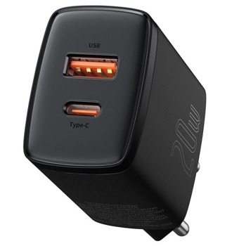 Зарядно устройство Baseus Compact (CCXJ-B01), от контакт към USB A(ж) и USB C(ж), черно, 20W | JAR Computers Baseus CCXJ-B01