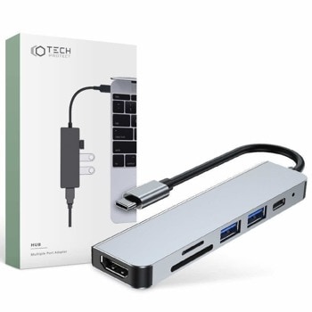 Докинг станция Tech-Protect USB-C Hub 6in1 v4, от USB C към 1x USB C, 2x USB A, 1x HDMI, 1x SD/MicroSD четец на карти, сива | JAR Computers Tech-Protect USB-C Hub 6in1 v4 THP809GRY