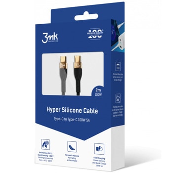 Кабел 3MK Hyper Silicone Cable (CC2-100-01B), от USB-C(м) към USB-C(м), 2m, 100W, черен | JAR Computers 3MK Hyper Silicone Cable CC2-100-01B