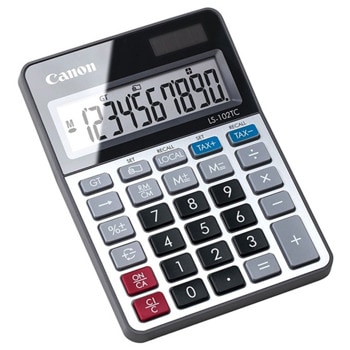 Калкулатор Canon LS-102TC, 10 разряден дисплей, настолен, корен квадратен, сума, процент, данъчни изчисления, M+, M-, RM/CM - памет, Key Roll-Over - бързо въвеждане, преобразуване на валута, сив | JAR Computers Canon LS-102TC