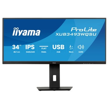 Монитор IIYAMA XUB3493WQSU-B6, 34" (86.36 cm) IPS панел, 120Hz, UWQHD, 1ms, 80 000 000:1, 400 cd/m2, DisplayPort, HDMI, USB, USB-C | JAR Computers IIYAMA XUB3493WQSU-B6