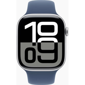 Смарт часовник Apple Watch Series 10 GPS, 46mm, 1.96" (4.98cm) LTPO3 OLED дисплей, Wi-Fi, Bluetooth, GPS, 64GB Flash памет, сензор за пулс, следене на съня, спортни режими, SOS функция, IP6X, 5ATM, Silver Aluminum с Denim Sport M/L каишка | JAR Computers Apple Watch Series 10 GPS 46mm Silver Alum Denim