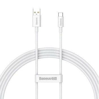 Кабел Baseus Superior P10320102214-01, от USB-A(м) към USB-C(м), 1m, 100W, бял | JAR Computers Baseus Superior P10320102214-01