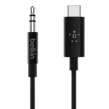 Кабел Belkin RockStar F7U079bt03-BLK, от USB-C(м) към AUX(м), 1m, черен | JAR Computers Belkin RockStar F7U079bt03-BLK