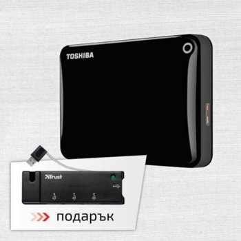 Твърд диск 1TB Toshiba Canvio Connect II (черен) + подарък USB мини хъб TRUST Barra, 4 Port USB, външен, 2.5" (6.35 cm), USB3.0 | JAR Computers 1TB Toshiba Canvio Connect II Black + Trust Barra