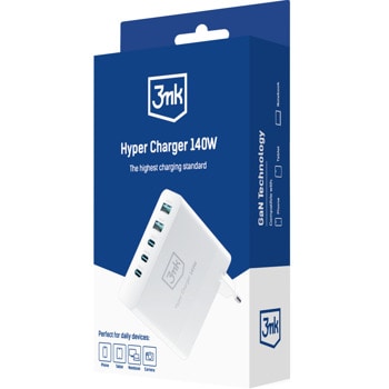 Зарядно устройство 3MK Hyper Charger (GaN-2A3C-140-W), от контакт към 3x USB-C(ж), 2x USB-A(ж), 140W, бяло, бързо зареждане | JAR Computers 3MK Hyper Charger 140W GaN-2A3C-140-W