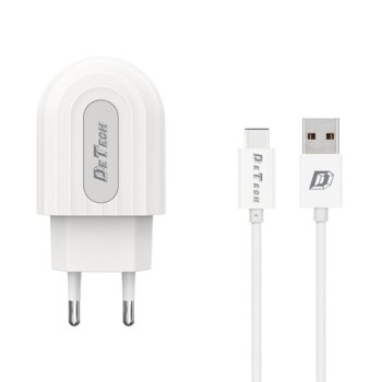 Зарядно устройство DeTech DE-28C, от контакт към USB A(ж), 5V/2.4A, бял, с USB Type-C кабел image