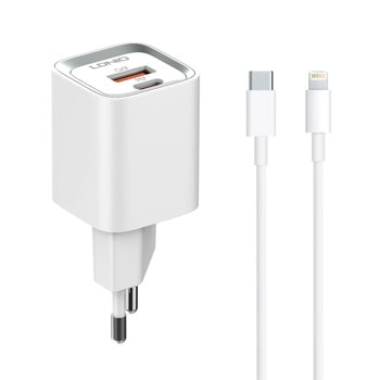 Зарядно устройство LDNIO A2318M, от контакт към 1x USB Type-C (ж), Type-А (ж), 5V/3.0A, бял, кабел от USB Type-C (м) към Lightning (м), MFi сертификация | JAR Computers зарядно устройство ldnio a2318m 40281