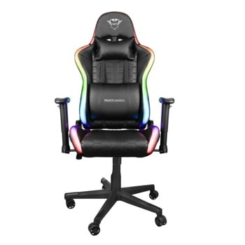 Геймърски стол Trust GXT 716 Rizza RGB LED (23845), газов амортисьор, до 150kg., PU кожа, дистанционно управление, RGB подсветка, черен | JAR Computers Trust GXT 716 Rizza RGB LED 23845