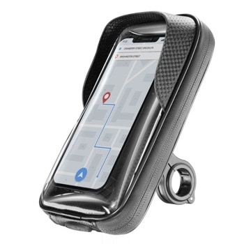 Стойка за телефон Cellularline Pro Bike Holder, за колело/мотор, универсална, подходяща за смартфони до 6.7", монтиране на кормило с диаметър от 12 до 32 мм, въртене на 360°, водоустойчива, сенник, черна | JAR Computers Cellularline Rider Shield 8116