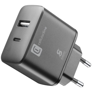 Зарядно за телефон Cellularline, от контакт към 1x USB C(ж), 1x USB A(ж), черно | JAR Computers Cellularline IT8308