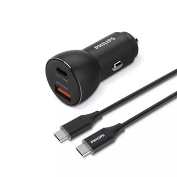Зарядно устройство Philips DLP2521C/00, от автомобилна запалка към 1x USB Type C (ж), 1x USB Type A (ж), черно | JAR Computers Philips DLP2521C/00