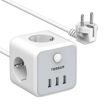 Разклонител Tessan TS-301, 3 гнезда, 3x USB, бутон за вкл./изкл., 1.5m кабел, бял | JAR Computers Tessan TS-301