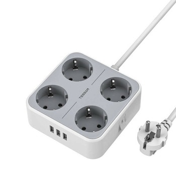 Разклонител Tessan TS-302-GR, 4 гнезда, 3x USB-A, бутон за вкл./изкл., 2 m, бял | JAR Computers Разклонител Tessan TS-302-GR