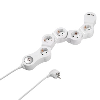Разклонител Vivanco 62330, 5 гнезда, 2x USB 5V/2.1A, гъвкаво позициониране, 1.4m, бял | JAR Computers Vivanco 62330