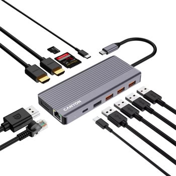 Докинг станция Canyon DS-16, от USB-C към 2x USB-C, 4x USB-A, 2x HDMI, 1x DisplayPort, 1x Jack 3.5mm, 1x RJ45, 1x SD четец, 1x MicroSD четец, сребриста | JAR Computers Canyon 13 port USB-C Hub DS-16 CNS-TDS16