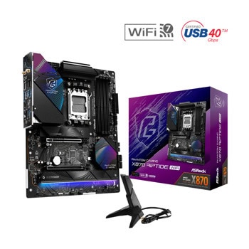 Дънна платка ASRock Phantom Gaming X870 Riptide WiFi, X870, AM5, DDR5, PCI-E 5.0 (HDMI&USB4)(CF), 4x SATA 6Gb/s, 1x Blazing M.2 slot, 2x Hyper M.2 slots, 2x USB4, 3x USB 3.2 Gen 2, 2.5GbE LAN, Wi-Fi 7, Bluetooth 5.4, ATX | JAR Computers ASRock PHANTOM GAMING X870 Riptide WiFi 90-MXBPP0