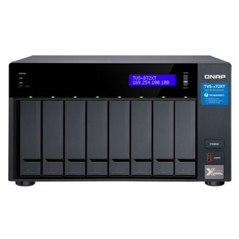 Мрежови диск (NAS) Qnap TVS-872XT-I5-16G, шестядрен Intel i5-8400T 3.3 GHz, без твърд диск (8x 3.5-inch SATA 6Gb/s), 16GB DDR4, 2x Ethernet 1000Base-T, 1x Ethernet 10Gb, 4x Thunderbolt, 250W | JAR Computers QNAP TVS-872XT-I5-16G