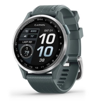 Смарт часовник Garmin Approach S44 Silver Aluminium Twilight, за голф, 1.2" (30.4mm) AMOLED дисплей, GPS, 4GB Flash памет, функции за голф, жироскоп, акселерометър, 5ATM, до 10 дни време на работа, Twilight каишка | JAR Computers Garmin Approach S44 Silver Aluminium Twilight