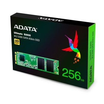 Памет SSD 256GB A-Data Ultimate SU650, SATA 6Gb/s, M.2 (2280), скорост на четене 550 Mb/s, скорост на запис 500 Мb/s, 3D NAND | JAR Computers ADATA SSD SU650 256GB M2 SATA