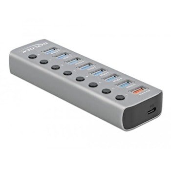 USB Хъб DeLock 63264, 9 порта, от USB Type-B към 8x USB 3.2 Type-A/1x USB 3.0 Type-C, 5000 Mbit/s, LED осветление, сив | JAR Computers Delock 63264