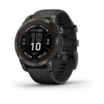 Смарт часовник Garmin fenix 7 Pro Sapphire Solar Edition, Carbon Grey DLC Titanium, 1.30" (33.02 мм) Power Sapphire дисплей, 32GB, водоустойчивост, до 22 дни време на работа, соларно зареждане, GPS, компас, Carbon Grey DLC Titanium с Black каишка | JAR Computers Germin fenix 7 Pro Sapphire Solar Carbon Gray с V