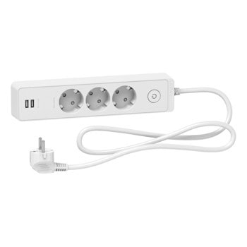 Разклонител Schneider Electric Unica ST943U1W, 3 гнезда, 2x USB, защита за деца, бутон за вкл./изкл., 1.5m, бял | JAR Computers Разклонител Schneider Electric Unica ST943U1W