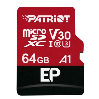Карта памет 64GB microSDXC с адаптер, Patriot EP Series (PEF64GEP31MCX), Class 10 U3, скорост на четене 90MB/s, скорост на запис 80MB/s image