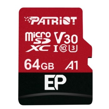 Карта памет 64GB microSDXC с адаптер, Patriot EP Series (PEF64GEP31MCX), Class 10 U3, скорост на четене 90MB/s, скорост на запис 80MB/s | JAR Computers Patriot 64GB microSDXC PEF64GEP31MCX