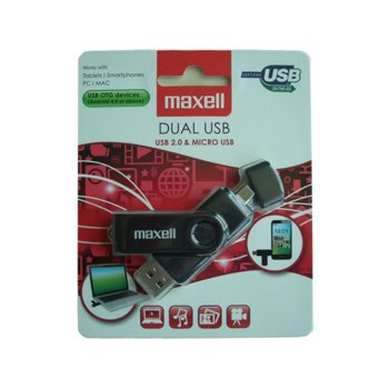 Памет 32GB USB Flash Drive, Maxell "Dual", USB/MicroUSB 2.0, черна | JAR Computers Maxello Dual 32GB