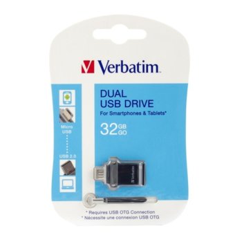 Памет 32GB USB Flash Drive, Verbatim OTG Dual Drive, USB 2.0, USB micro B, черна | JAR Computers Verbatim 32GB USB 2.0 OTG Dual Drive