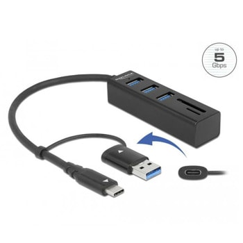 USB Хъб DeLock 63859, 3 порта, от USB 3.2 Gen 1 Type-C/A, към 3x USB 3.2 Gen 1 Type-A, 1x SD слот, 1x microSD слот, черен | JAR Computers USB хъб DeLock 63859