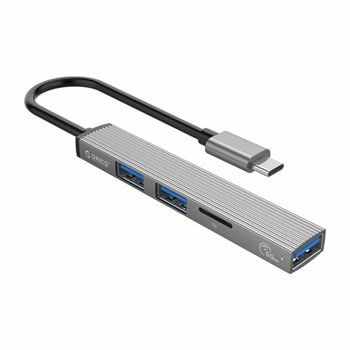USB хъб Orico AH-12F-GY, 4 порта, от USB Type-C към 1x USB 3.0 Type-A/2x USB 2.0 Type-A, MicroSD/SD слот, сив | JAR Computers Orico AH-12F-GY