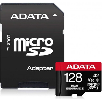 Карта памет 128GB MicroSDXC с адаптер, Adata High Endurance AUSDX128GUI3V30SHA2-RA1, UHS-I U3, скорост на четене 100МB/s, скорост на запис 85MB/s | JAR Computers Adata 128GB MicroSDXC AUSDX128GUI3V30SHA2-RA1
