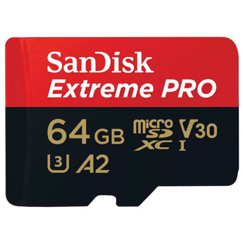 Карта памет 64GB microSDXC, Sandisk Extreme Pro с адаптер, Class 10 UHS-1 U3, скорост на четене 200MB/s, скорост на запис 90MB/s image