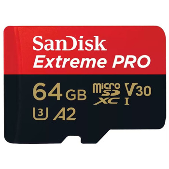 Карта памет 64GB microSDXC, Sandisk Extreme Pro с адаптер, Class 10 UHS-1 U3, скорост на четене 200MB/s, скорост на запис 90MB/s | JAR Computers SanDisk 64GB microSDXC Extreme Pro + SD Adapter