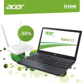 Лаптоп 15.6" (39.62 cm) Acer Aspire E5-571G-5890 в пакет с рутер D-Link GO-RT-AC750, дву-ядрен Broadwell Intel Core i5-5200U 2.2/2.7GHz, HD LED Display & GeForce 840M 2GB (HDMI), 8GB, 1TB, USB 3.0, Windows 8.1, 2.5 kg, 2 г. гаранция | JAR Computers Acer Aspire E5-571G-5890 D-Link GO-RT-AC750