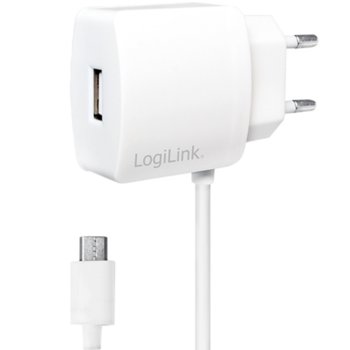 Зарядно устройство LogiLink PA0146W, от контакт към USB А (ж) + Micro USB кабел 1m, 5V, 2.1A, | JAR Computers USB Charger 1x +Micro USB cable 1m, 2.1A, PA0146W