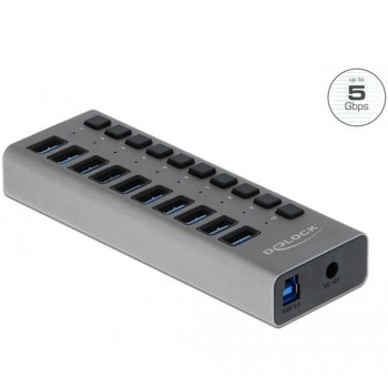 USB хъб DeLock 63670, 10 порта, от USB Type-B към 10x USB 3.0 Type-A, 5000 Mbit/s, LED индикатор, сив | JAR Computers Delock 63670