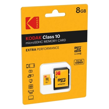 Карта памет 8GB microSDHC с адаптер, Kodak EKMSDM8GHC10CK, Class 10, скорост на четене до 20 MB/s, скорост на запис до 12 MB/s | JAR Computers 8GB microSDHC Kodak EKMSDM8GHC10CK