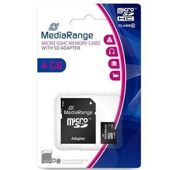 Карта памет 4GB microSDXC, с SD адаптер, MediaRange MR956, Class 10, скорост на четене 15MB/s, скорост на запис 10MB/s | JAR Computers MediaRange MR956