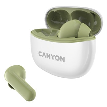 Слушалки Canyon TWS-5, безжични, Bluetooth 5.3, микрофон, до 7.5 часа време на работа, кутия за зареждане, IP33 защита, зелено-бели | JAR Computers Canyon TWS-5 Green CNS-TWS5GR