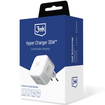 Зарядно устройство 3MK Hyper Charger (GaN-2C-35-W), от контакт към 2x USB-C(ж), 35W, 5V, 3A, бяло | JAR Computers 3MK Hyper Charger 35W GaN-2C-35-W