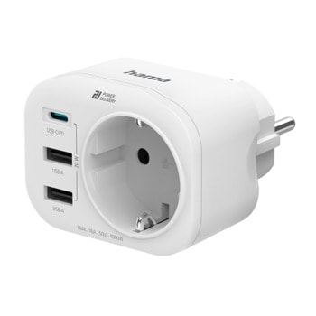 Разклонител HAMA 223342, 1x гнездо, 2x USB-A порта, 1x USB-C порт, макс. натоварване 4000W, бял | JAR Computers Контакт с USB портове HAMA 223342